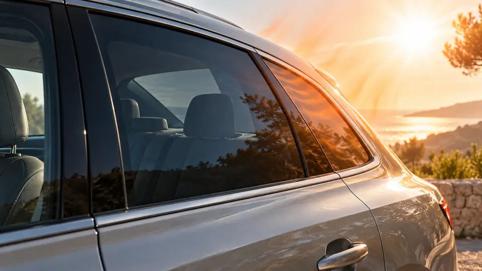Vitre teintée d’une voiture exposée au soleil, illustration du confort thermique