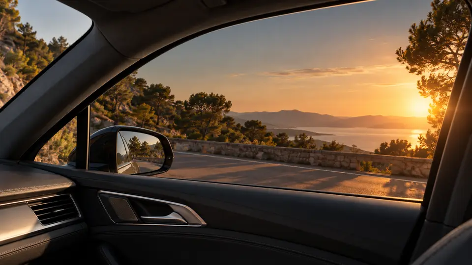 Soleil rasant vu à travers une vitre automobile teintée