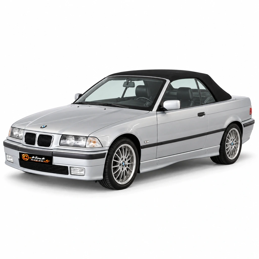 BMW Série 3 E36 — Génération 3 — Cabriolet — lunette arrière non incluse (toile), 1997, Cabriolet (2 portes), argent — vue trois-quarts avant