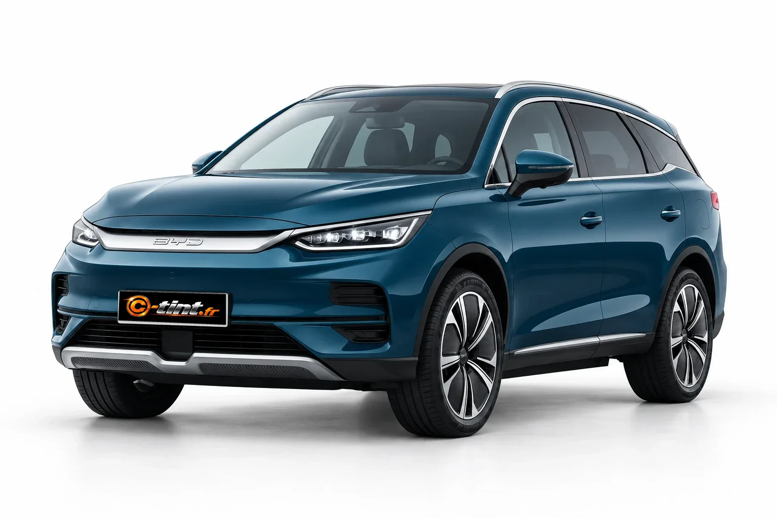 BYD TANG Électrique — restylage 2024, 2025, SUV 7 places 5 portes, bleu pétrole métallisé — vue trois-quarts avant