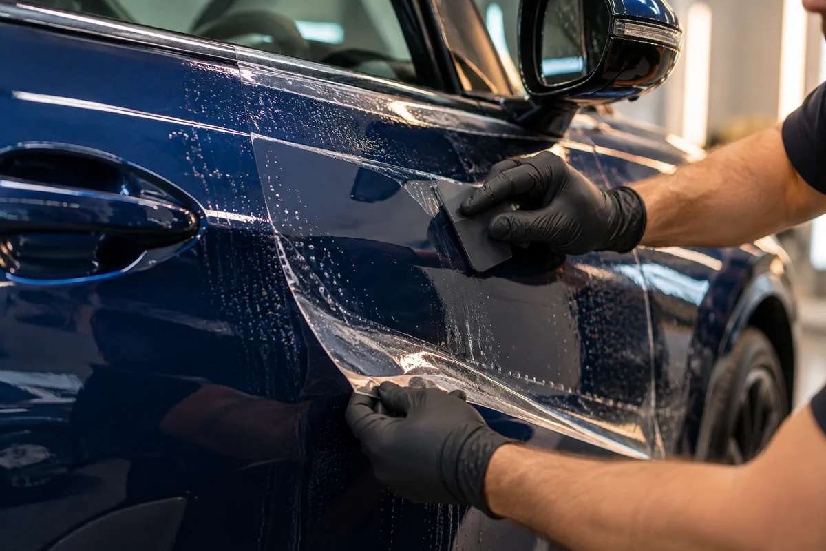 Pose d’un film de protection PPF transparent sur la carrosserie