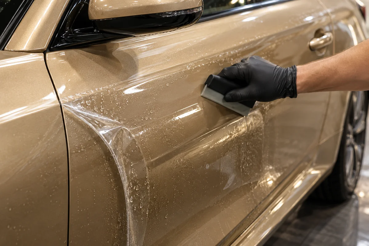 Pose d’un film de protection PPF transparent sur la carrosserie