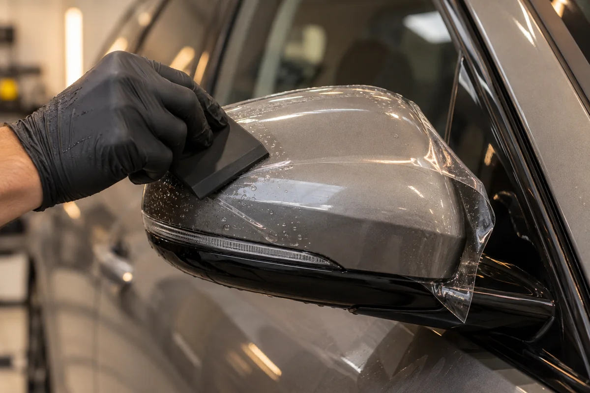 Pose d’un film de protection PPF transparent sur la carrosserie