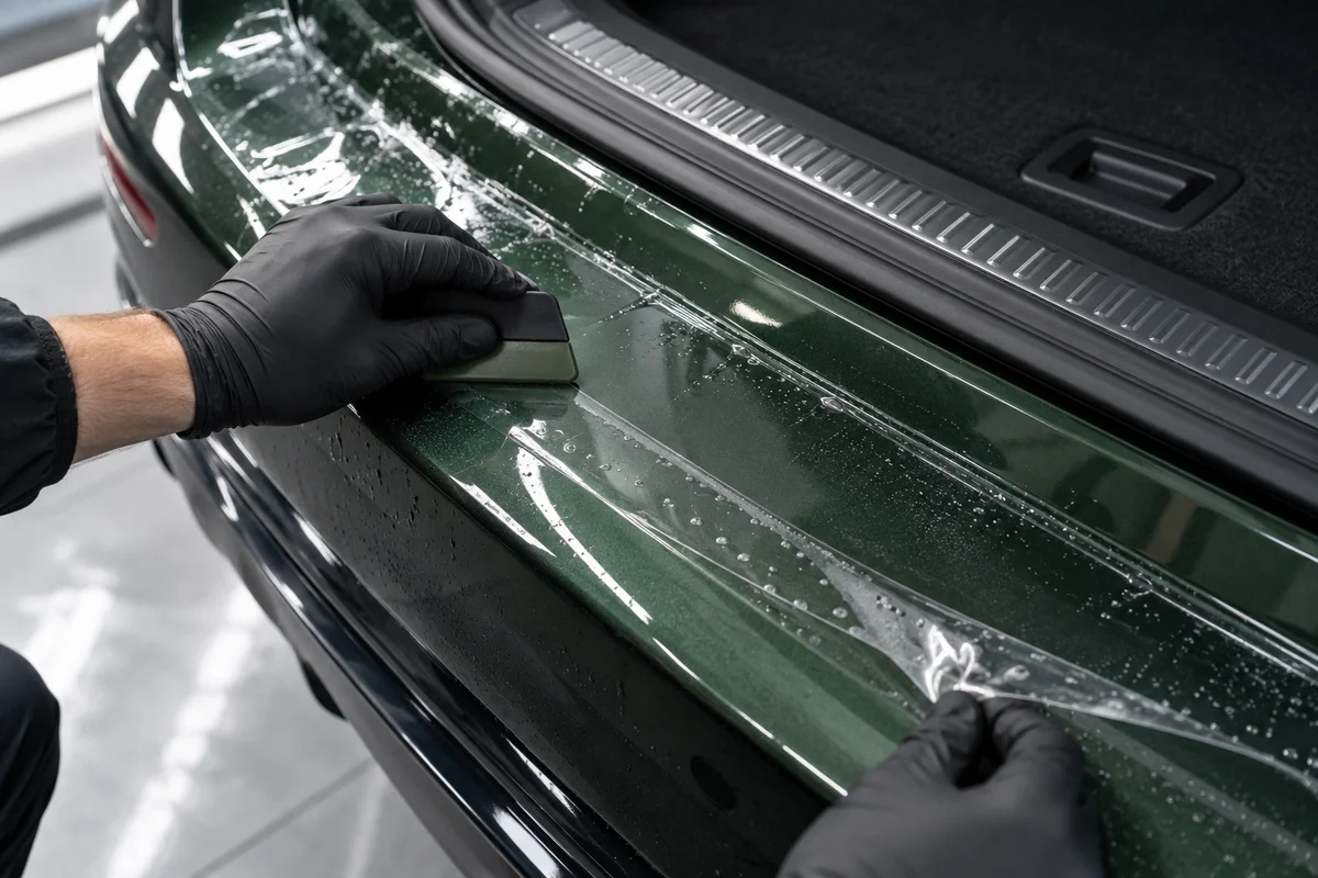 Pose d’un film de protection PPF transparent sur la carrosserie