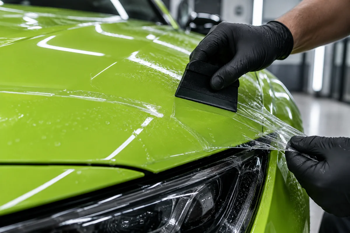 Pose d’un film de protection PPF transparent sur la carrosserie