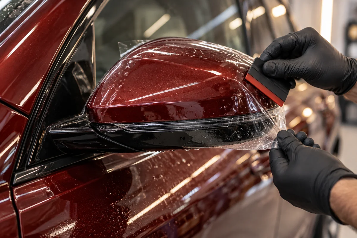 Pose d’un film de protection PPF transparent sur la carrosserie