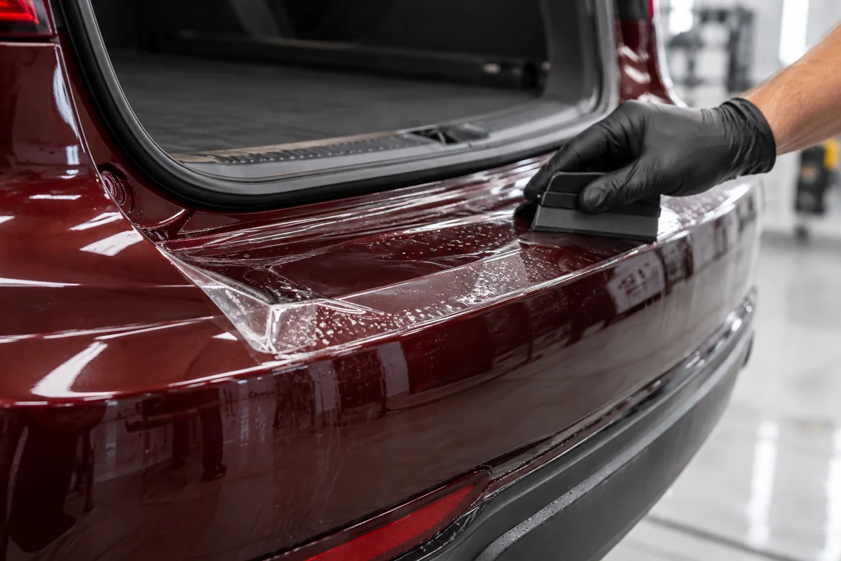 Pose d’un film de protection PPF transparent sur la carrosserie