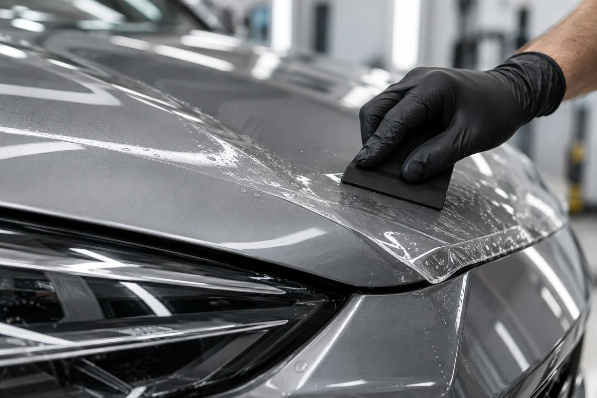 Pose d’un film de protection PPF transparent sur la carrosserie
