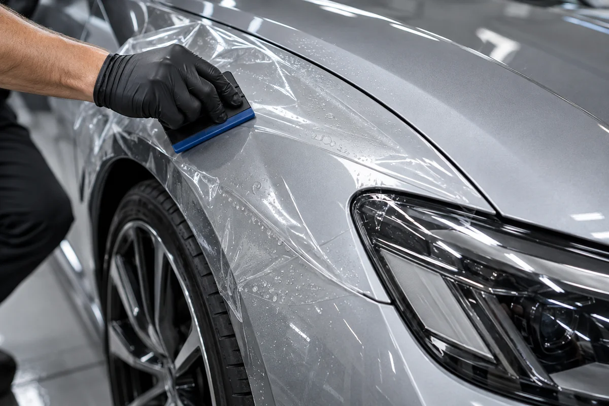Pose d’un film de protection PPF transparent sur la carrosserie