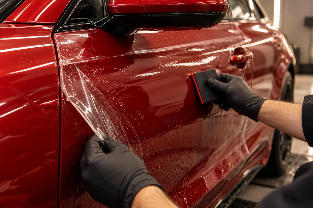 Pose d’un film de protection PPF transparent sur la carrosserie