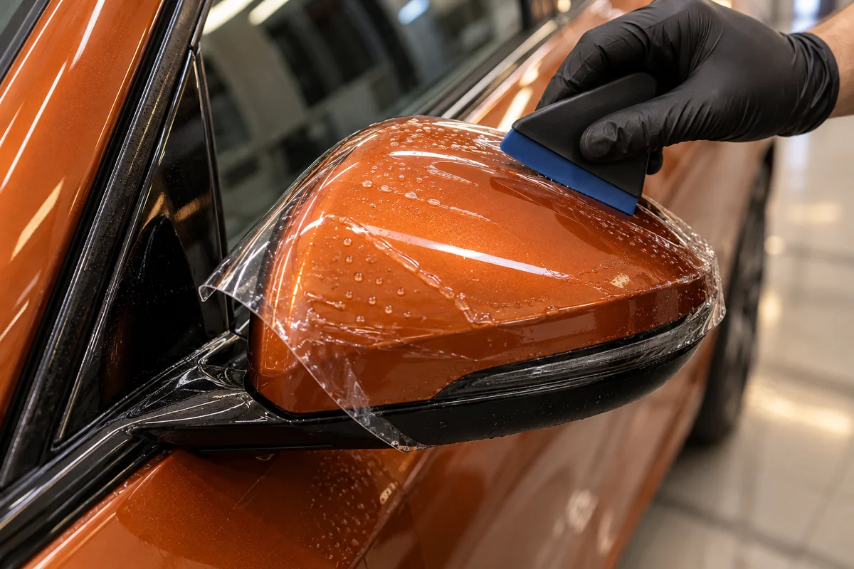 Pose d’un film de protection PPF transparent sur la carrosserie