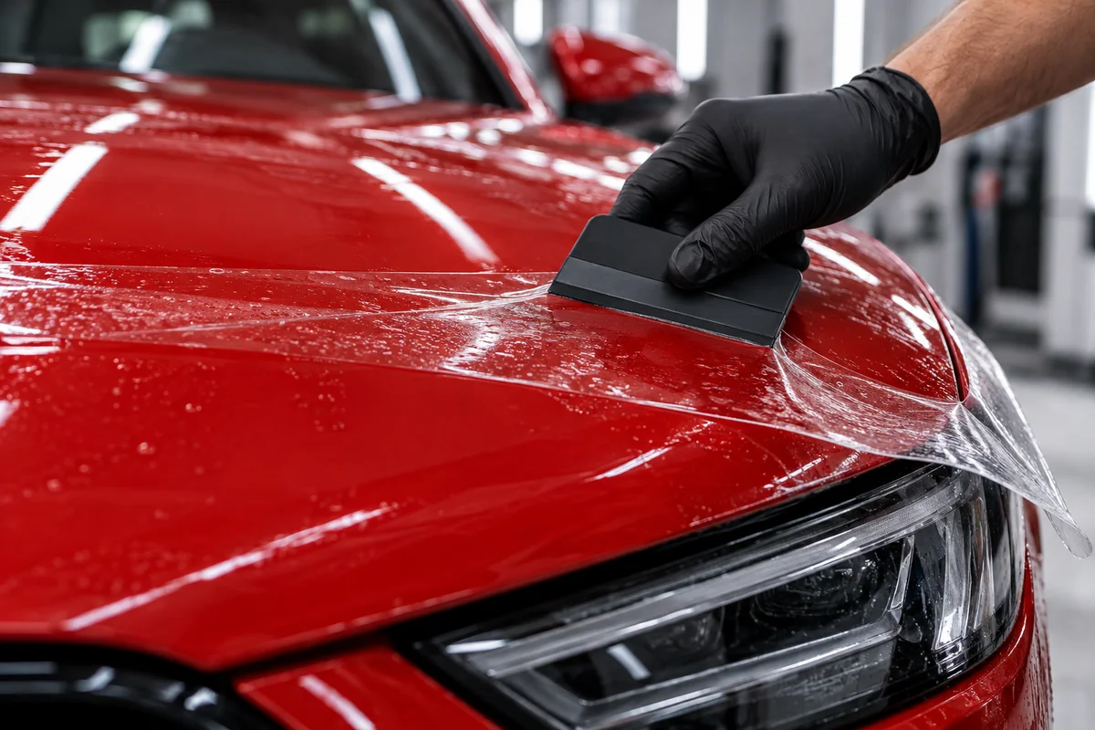 Pose d’un film de protection PPF transparent sur la carrosserie