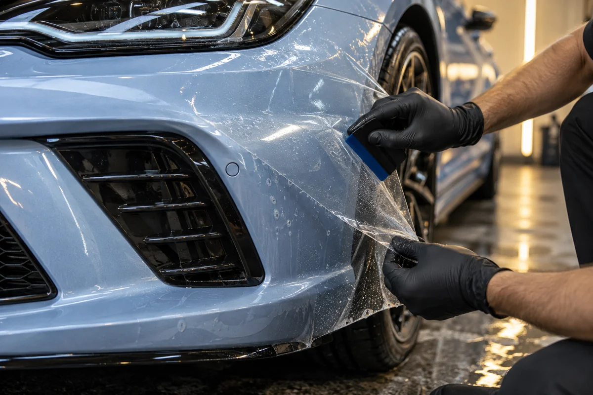 Pose d’un film de protection PPF transparent sur la carrosserie