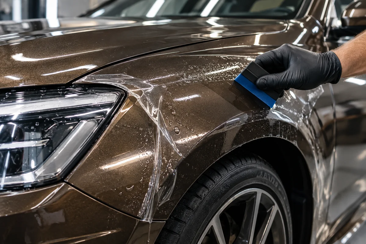 Pose d’un film de protection PPF transparent sur la carrosserie