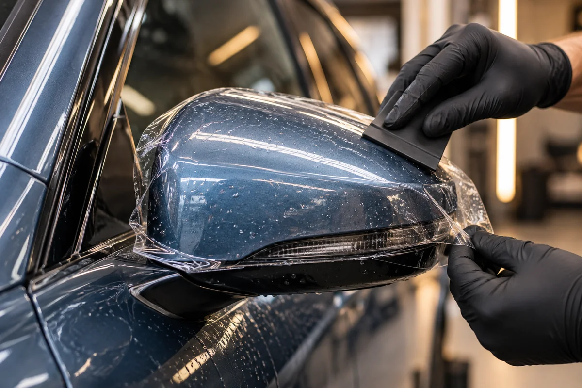 Pose d’un film de protection PPF transparent sur la carrosserie