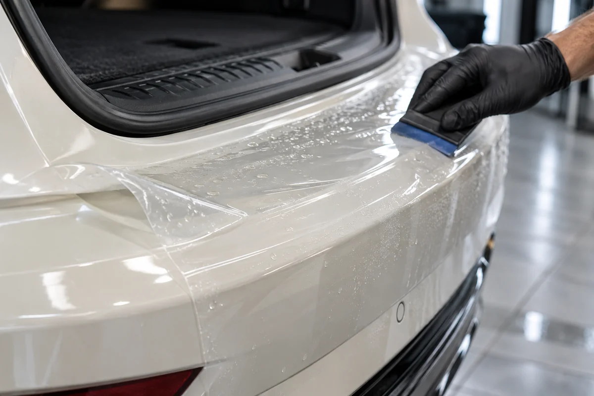 Pose d’un film de protection PPF transparent sur la carrosserie