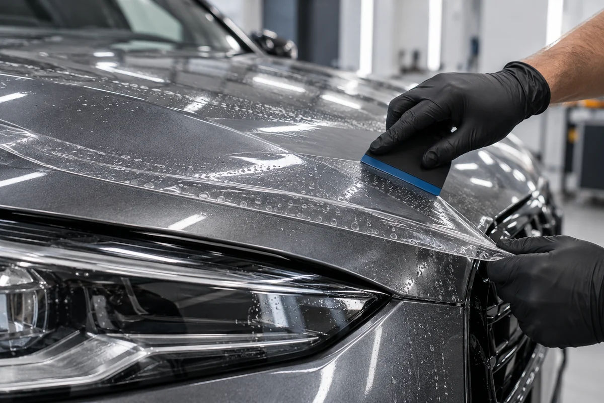 Pose d’un film de protection PPF transparent sur la carrosserie