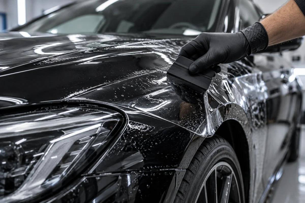 Pose d’un film de protection PPF transparent sur la carrosserie