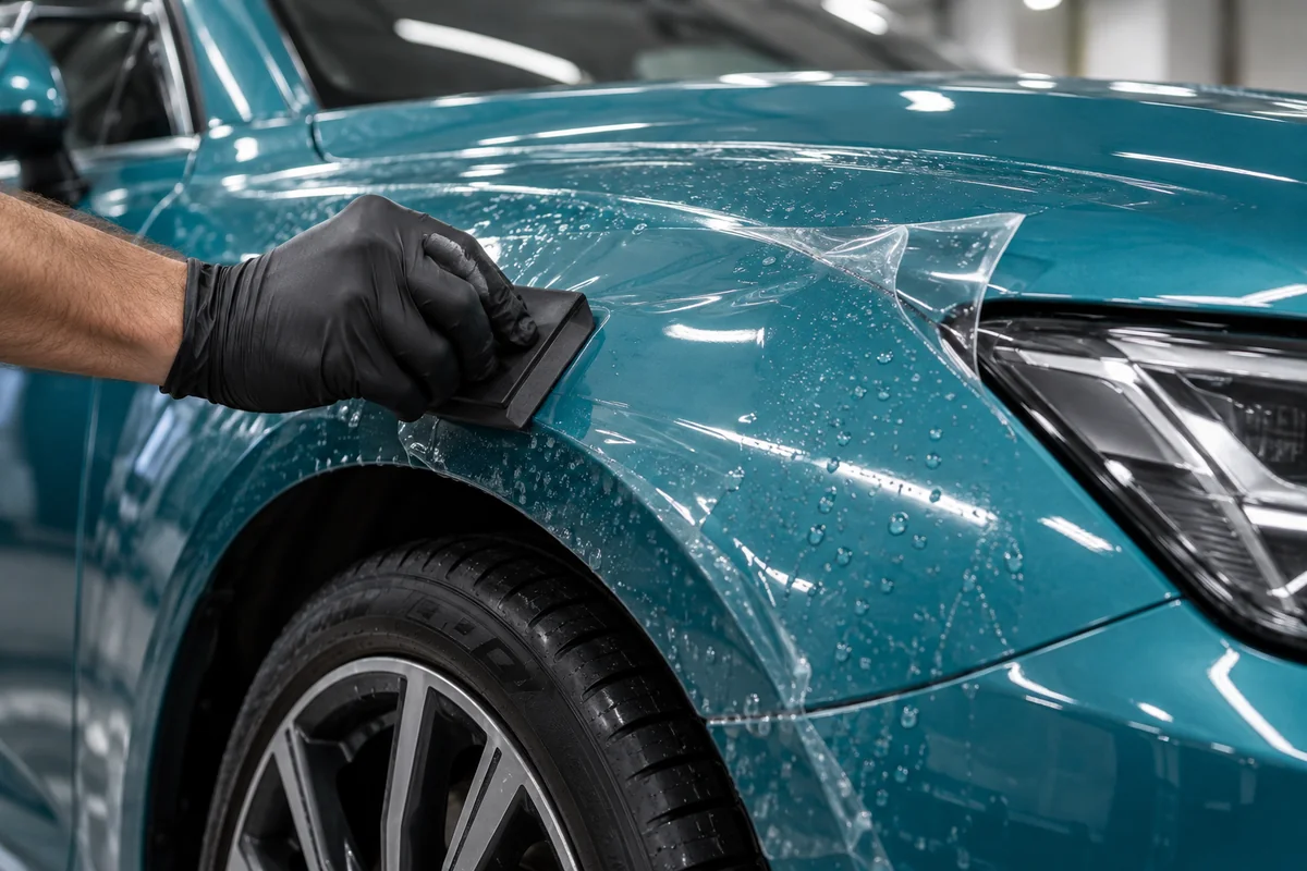 Pose d’un film de protection PPF transparent sur la carrosserie
