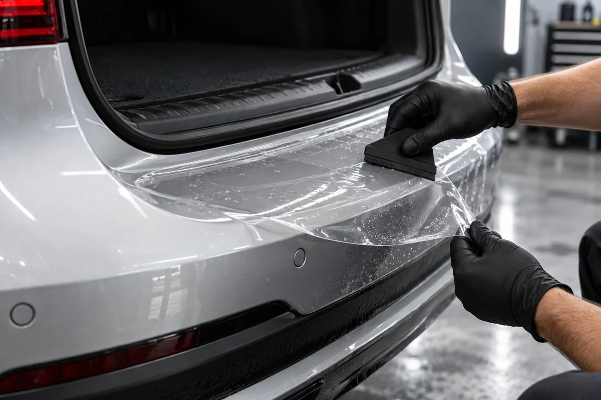 Pose d’un film de protection PPF transparent sur la carrosserie