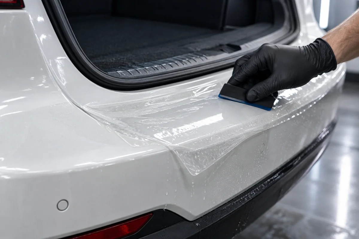 Pose d’un film de protection PPF transparent sur la carrosserie