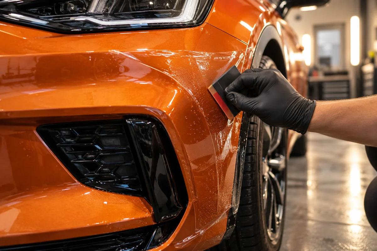 Pose d’un film de protection PPF transparent sur la carrosserie