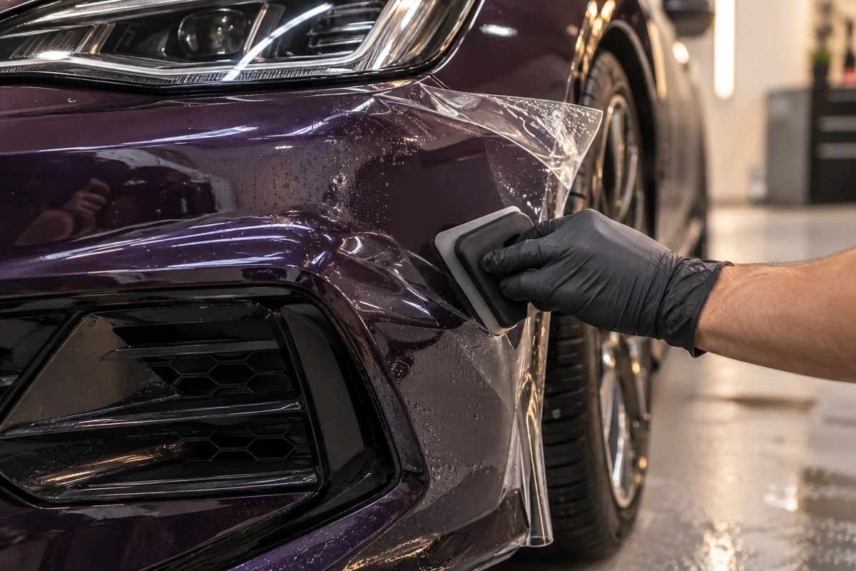 Pose d’un film de protection PPF transparent sur la carrosserie