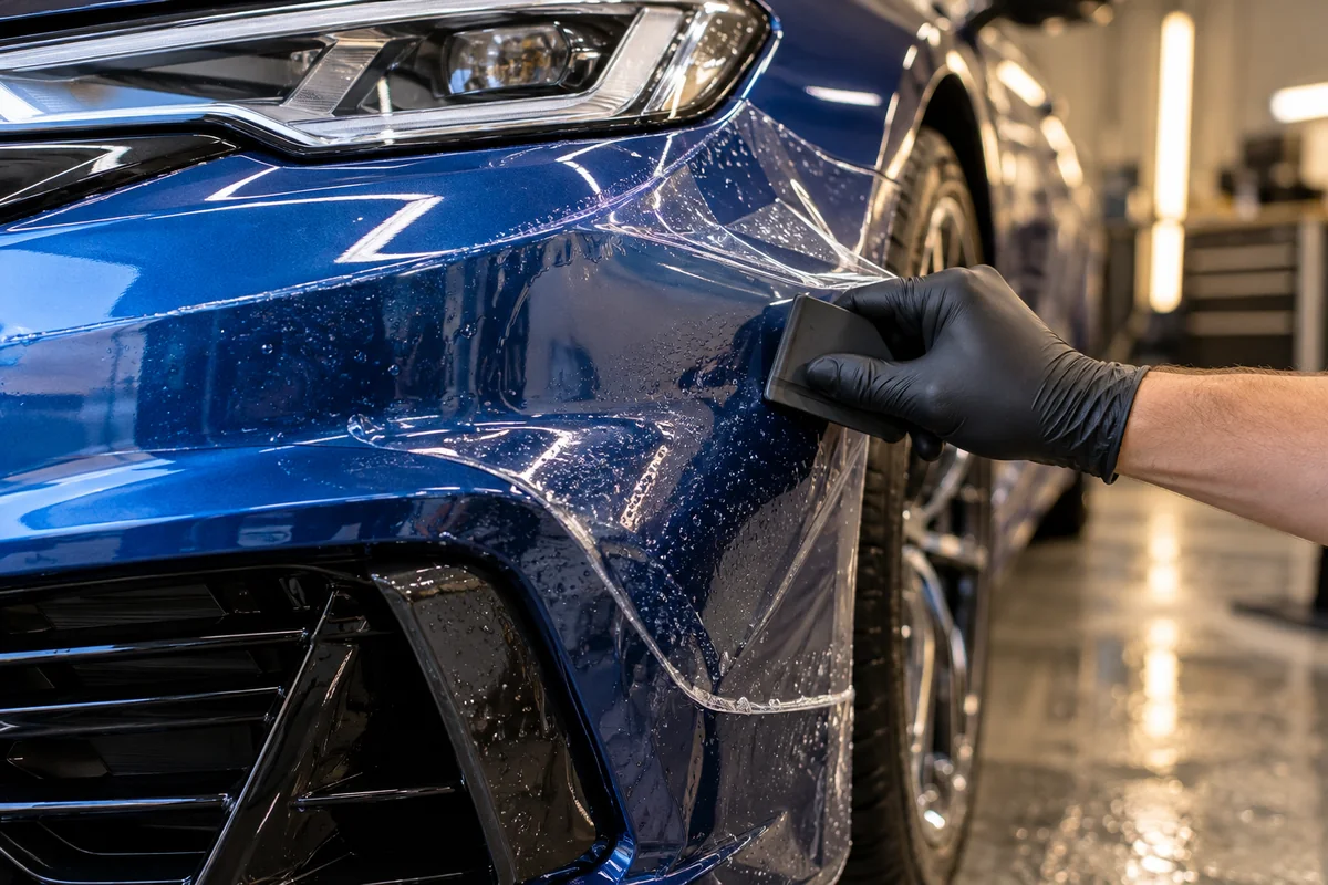 Pose d’un film de protection PPF transparent sur la carrosserie