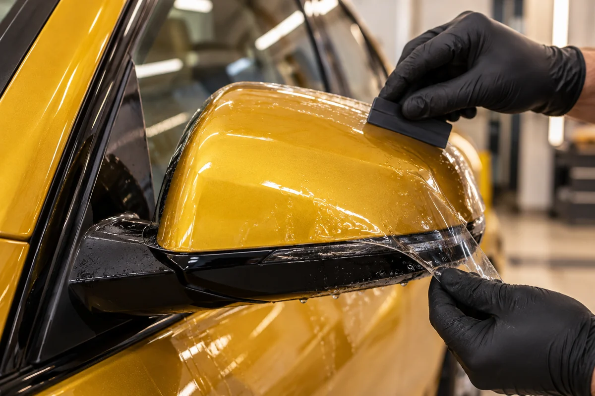 Pose d’un film de protection PPF transparent sur la carrosserie