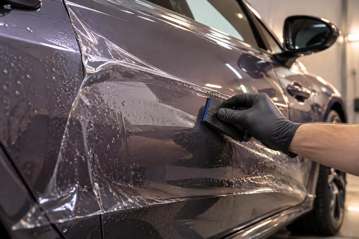 Pose d’un film de protection PPF transparent sur la carrosserie