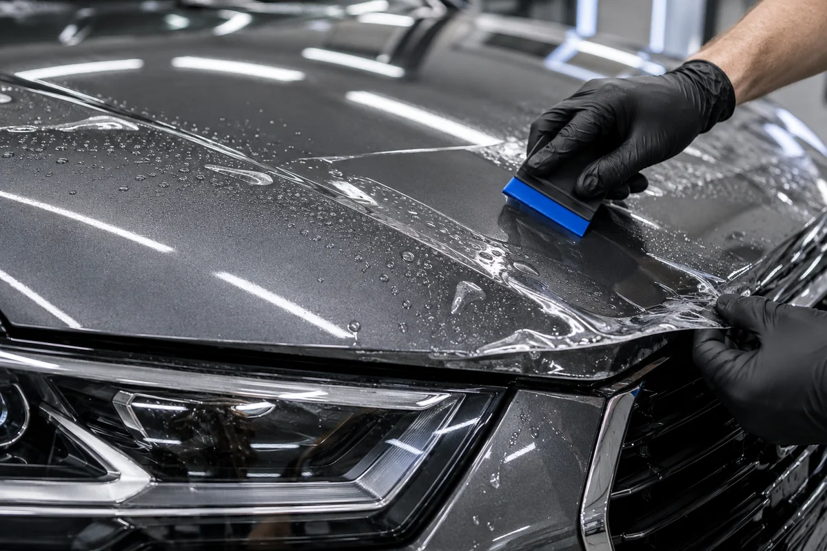 Pose d’un film de protection PPF transparent sur la carrosserie