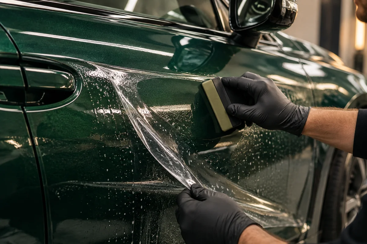 Pose d’un film de protection PPF transparent sur la carrosserie