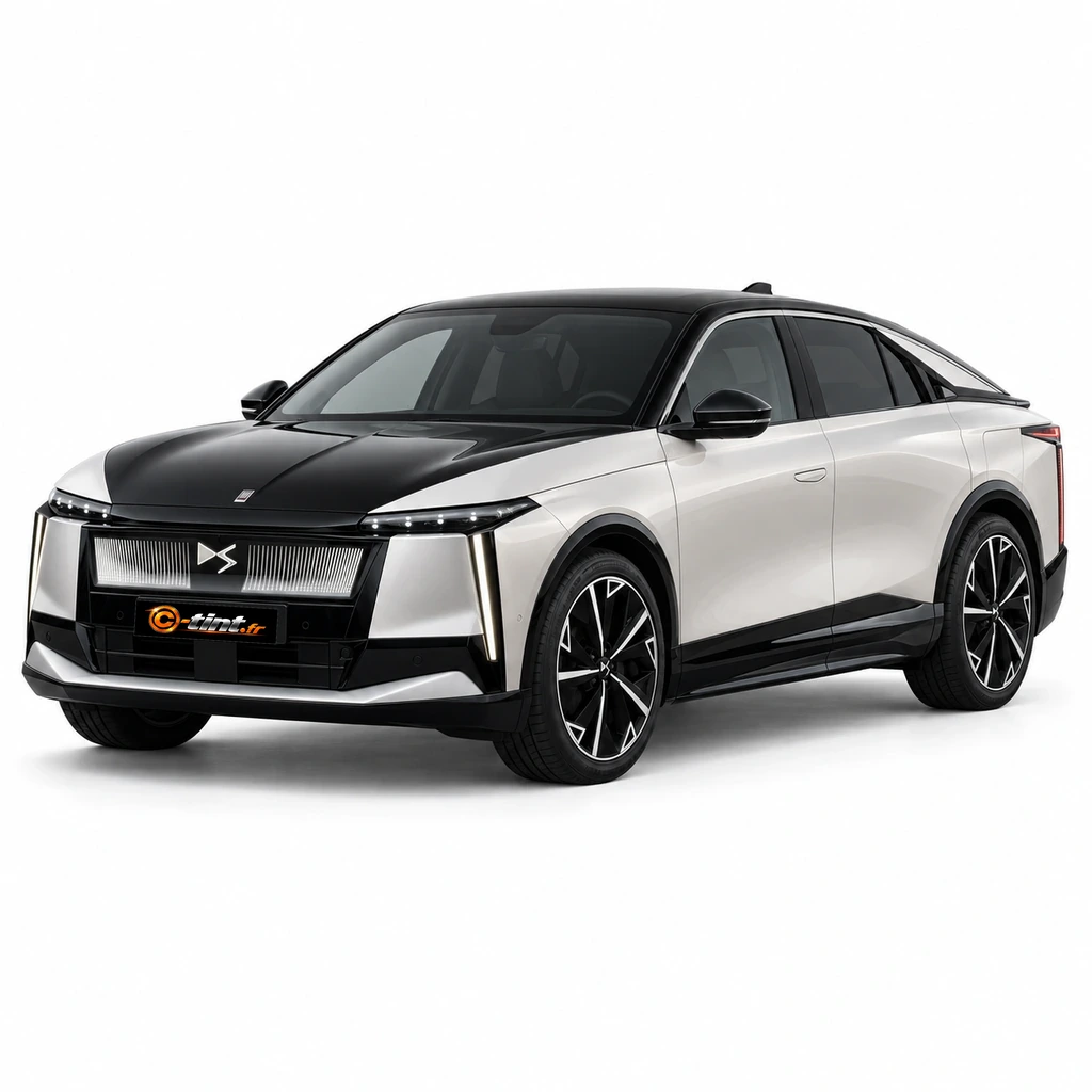 DS N°8 Génération 1, 2025, SUV fastback, blanc nacré / toit noir — vue trois-quarts avant