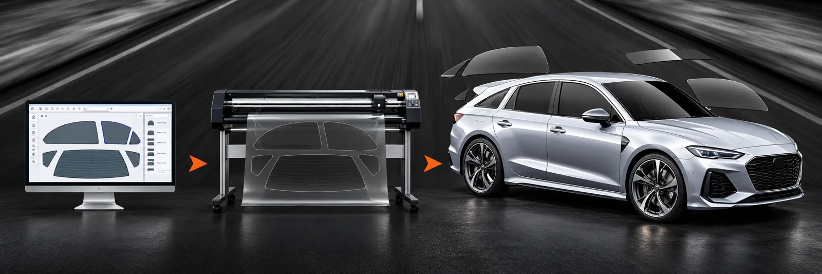 Du logiciel de découpe au plotter : films solaires prédécoupés sur mesure pour les vitres d’une voiture moderne.
